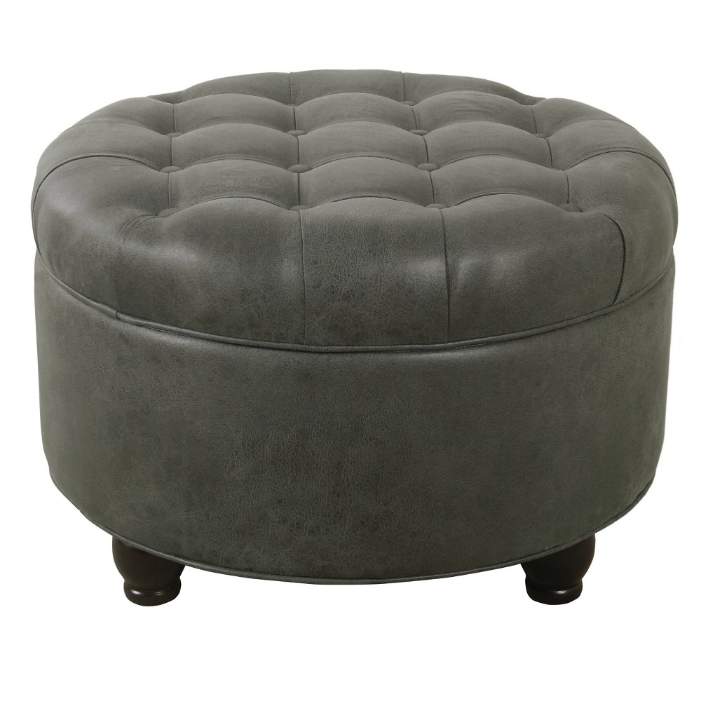 Photos - Pouffe / Bench Large Tufted Round Storage Ottoman Faux Leather Gray - HomePop