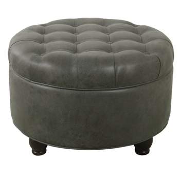 Large Tufted Round Storage Ottoman Faux Leather Gray - HomePop