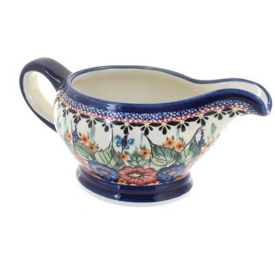 Blue Rose Polish Pottery Floral Butterfly Gravy Boat