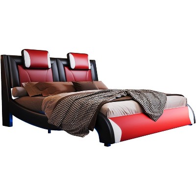 LED Bed Frame, Faux Leather Upholstered Platform Bed