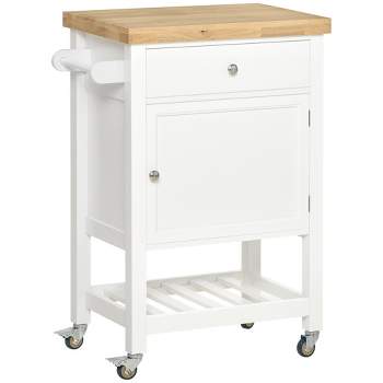 HOMCOM Utility Kitchen Cart, Rolling Kitchen Island with Rubberwood Top, Narrow Butcher Block Surface on Wheels with Storage Drawer & Cabinet
