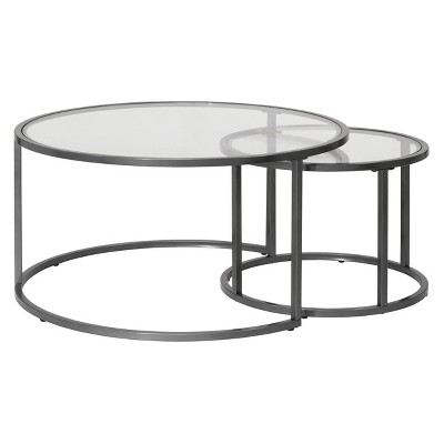 Round Pewter Metal and Glass Nesting Coffee Table Set