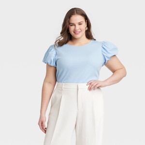 Women's Ribbed Puff Short Sleeve Blouse - A New Day™ - 1 of 3
