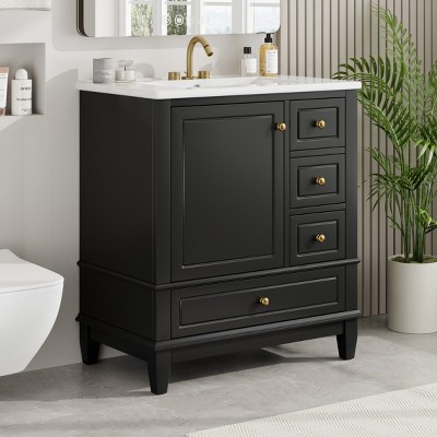 Bathroom Vanity With Ceramic Sink,Bathroom Storage Cabinet With 3 Drawers, Solid Wood Legs And One Door With Shelf-Maison Boucle