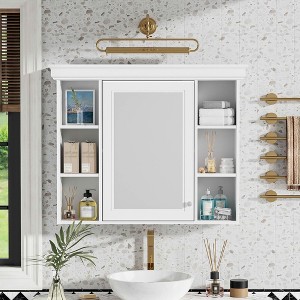 MAYEERTY 35" Wall Mounted Bathroom Storage Cabinet with Mirror Door 6 Open Shleves Medicine Cabinet for Bathroom White - 1 of 4