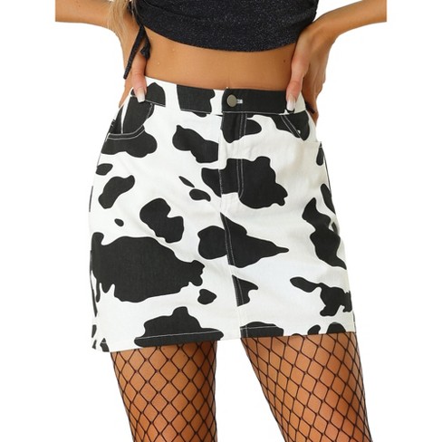 Allegra K Women s Cow Print Casual Elastic Back High Waist Mini Short Skirt White Black X Small