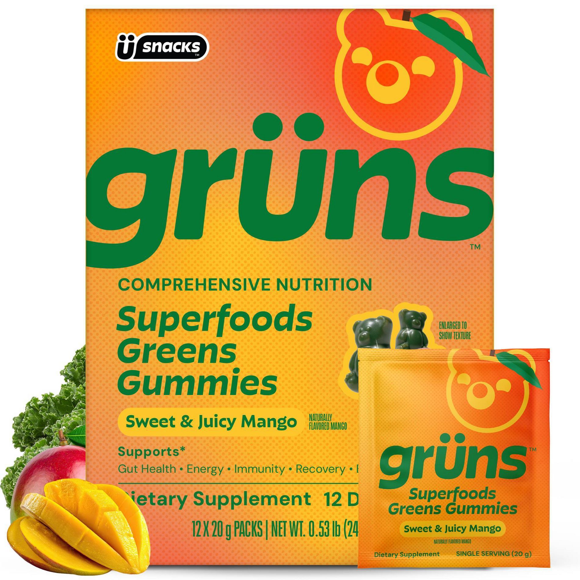 Grüns Adult Low Sugar Mango Superfoods Greens Gummies - 240g/12 Servings: Dietary Supplement, Gummy Form