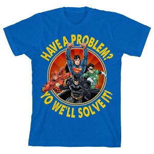 Justice League Have a Problem Yo We'll Solve It Boy's Royal Blue T-shirt - 1 of 3