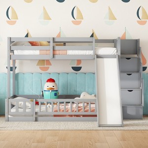 Twin over Full Bunk Bed with Slide, Storage Staircase, Safety Guardrails and Solid Pine Wood Frame, White/Grey-ModernLuxe - 1 of 4