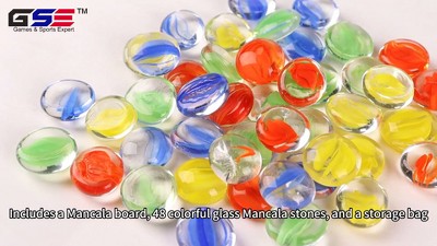 Folding Oak Mancala Board Game with Multicolor Glass Stones
