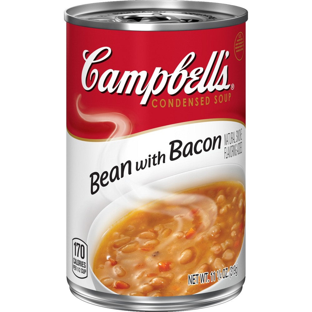 Campbell's bean with bacon soup cooked White beans, Water tomato puree (Water, tomato paste), bacon (cured with Water, salt, s (051000012913)