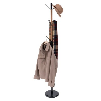 Juvale Freestanding Coat Rack Stand with 6 Hooks, 70 inch Coat Tree Hat Hanger with Umbrella Holder for Entryway, Black & Oak Grain Metal
