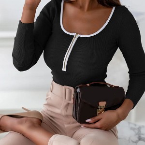 Slim Long Sleeve Contrast Color Square Collar Jumpsuit T-Shirt for Women - 1 of 3
