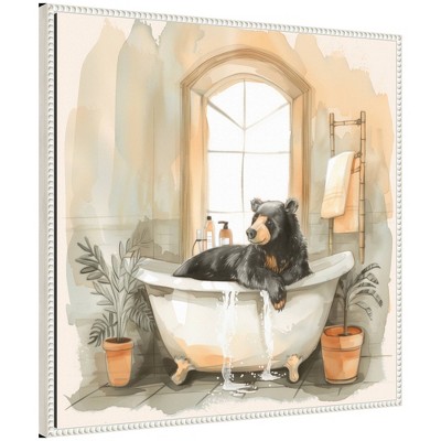 Kate & Laurel All Things Decor 30"x30" Sylvie Black Bear Bathroom Watercolor Framed Canvas by The Creative Bunch Studio Beaded White