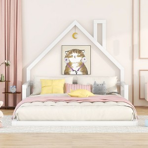 Okak Twin/Full Size Bed Frame with House-Style Headboard & Guardrails,Modern Floor Bed for Toddlers/Kids Bedroom - 1 of 4