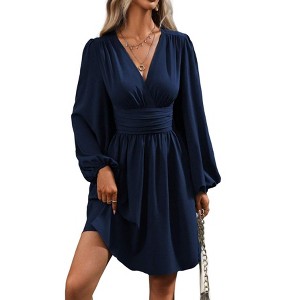 Coolmee Womens Wrap Midi Dress V-Neck Puff Long Sleeve High Waist Elegant Pleated Ruched Work Outfits Dresses S Navy - 1 of 4