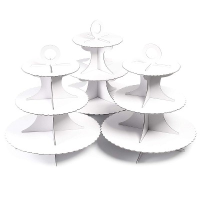 Sparkle and Bash 3-Pack 3-Tier Cardboard Cake Stand, Cupcake Dessert Treats Holder w/ Scalloped Edge, White