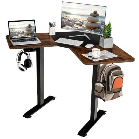 Costway L Shaped Electric Adjustable Standing Desk w/ Controller 2 Hooks  Rustic