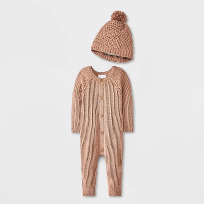 Image of Grayson Mini Baby Button-Front Romper with Hat - Brown 0-3M
