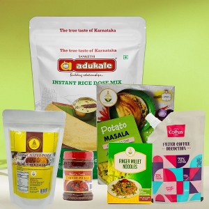 Shastha Adukale Dosa Mix + Instant Potato Masala + Idly Podi + Ragi Millet Noodles + Tomato Pickle + Cothas Coffee Decoction For Kithen Grocery Items - 1 of 4