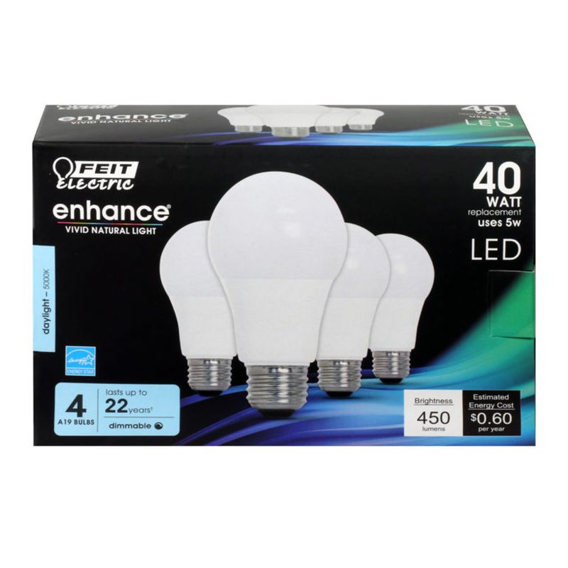 Feit Electric Enhance A19 E26 (Medium) LED Bulb Daylight 40 Watt Equivalence 4 pk, 1 of 2