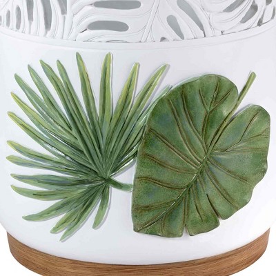 White Resin Tropical Leaf Wastebasket with Faux-Wood Base