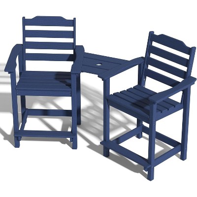 Acoinel 2-Piece Outdoor Bar Height Chair Set with Connecting Tray, Dark Blue