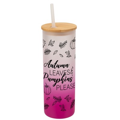 Elanze Designs Autumn Leaves & Pumpkins Please Harvest Wrap-Around Design 25 Ounce Frosted Gradient Glass On-The-Go Coffee Travel Skinny Tumbler Mug