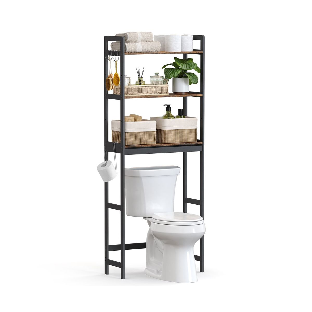 SONGMICS Over-The-Toilet Storage, 3-Tier Bathroom Organizer Over Toilet with Adjustable Shelves,Toilet Paper Holder, Rustic Brown and Ink Black
