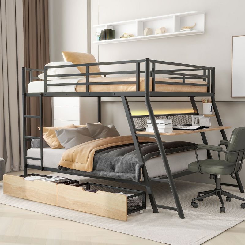 Full/Twin Size Metal Bunk Bed with Built-in Desk, Light and 2 Drawers, Black-ModernLuxe, 1 of 15