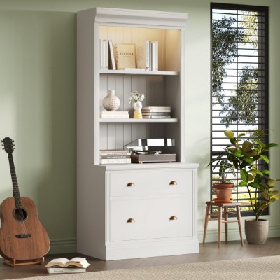 83.4-inch tall bookcase with LED lighting, equipped with 2 drawers and 3 open shelves, white.