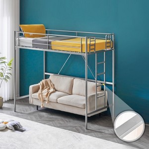 VINGLI Twin Loft Bed with Stairs Flat Steps for Kids, Adults Single Bed Space Saver Metal Loft, No Box Spring Required, Gray - 1 of 4
