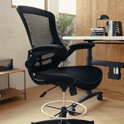 ErgoComfort 51" Black Mesh & Leather Drafting Chair with Adjustable Arms