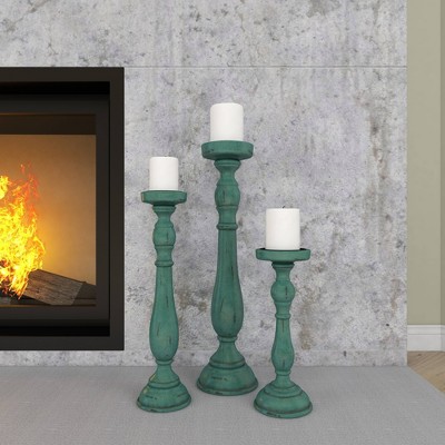 Teal Wood Fluted Pillar Candle Holders Set of 3