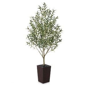 Artificial Olive Tree 5ft/6ft Tall Faux Indoor Plant - Realistic Green Leaves and Black Olives - Decorative Potted Tree for Living Room Home Office - 1 of 4