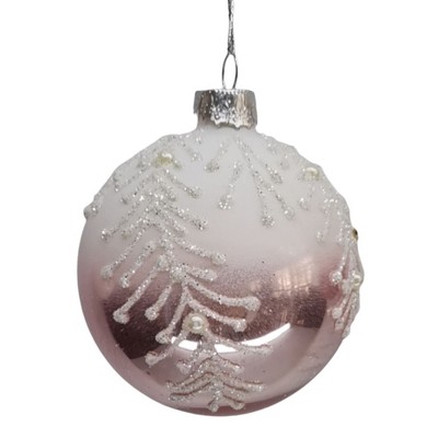 Season's Designs Christmas Tree 80Mm Decorated Glass Ornament Pink White W