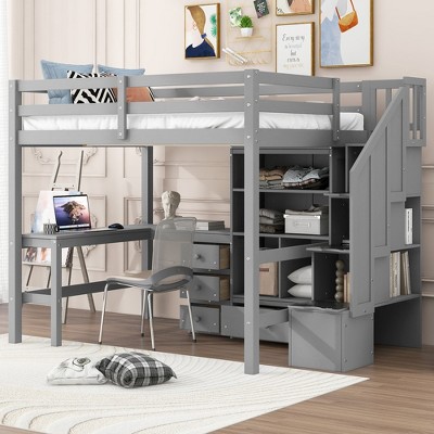 Whisen Full Size Loft Bed with L-Shaped Desk, Storage Staircase & Drawers, Sturdy Pine Wood, No Box Spring Needed - Gray
