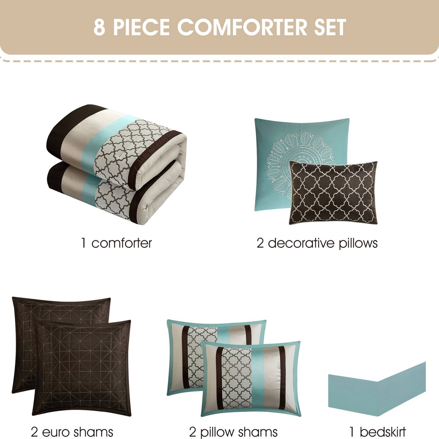 Постельное бельё Nanshing 8pc Queen Avalon Comforter Bedding Set Aqua Blue, цвет: Синий — фото 5