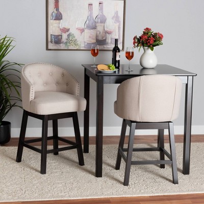 Light Beige Fabric and Wood Swivel Counter Stool Set