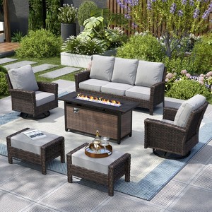 Captiva Designs Outdoor Patio Wicker Furniture Conversation Fire Pit Sets with Swivel Chairs with 5.5" Thick Cushions - 1 of 4