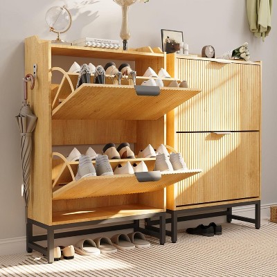 Modern Wave Shoe Cabinet with 2 Flip Drawers, Slim Fluted Entryway Organizer with Metal Frame