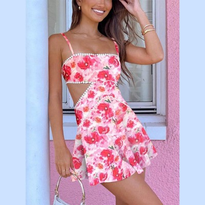 Clotth Women Boho Floral Mini Cami Dress Spaghetti Strap Cut Out Mini Dress Flowy Backless Sling Dresses Summer Sundress