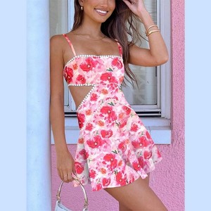 Clotth Women Boho Floral Mini Cami Dress Spaghetti Strap Cut Out Mini Dress Flowy Backless Sling Dresses Summer Sundress - 1 of 4