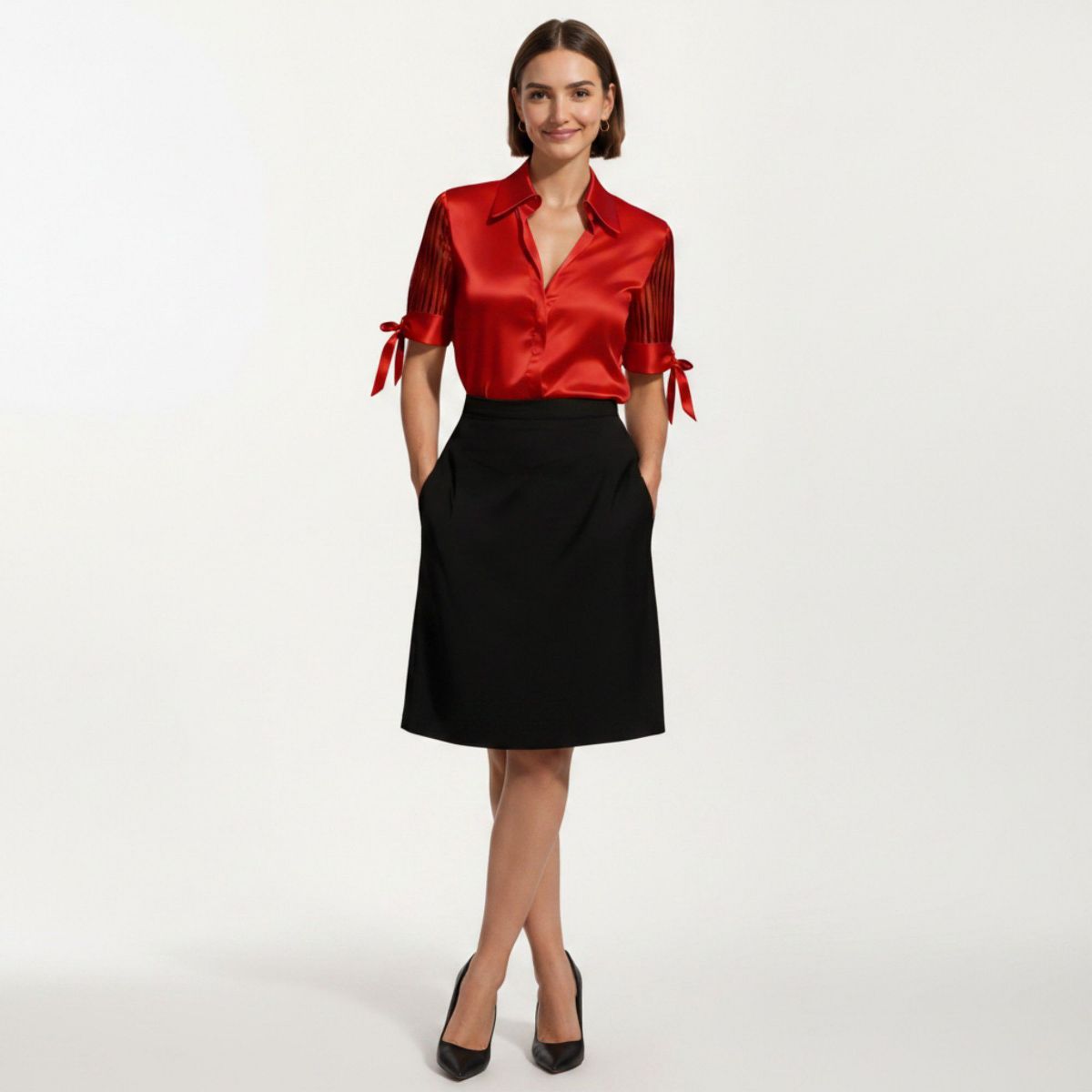 Anna-Kaci Women's Satin Collared Blouse with Sheer Stripe Sleeves and Bow Tie Cuffs - thumbnail 9