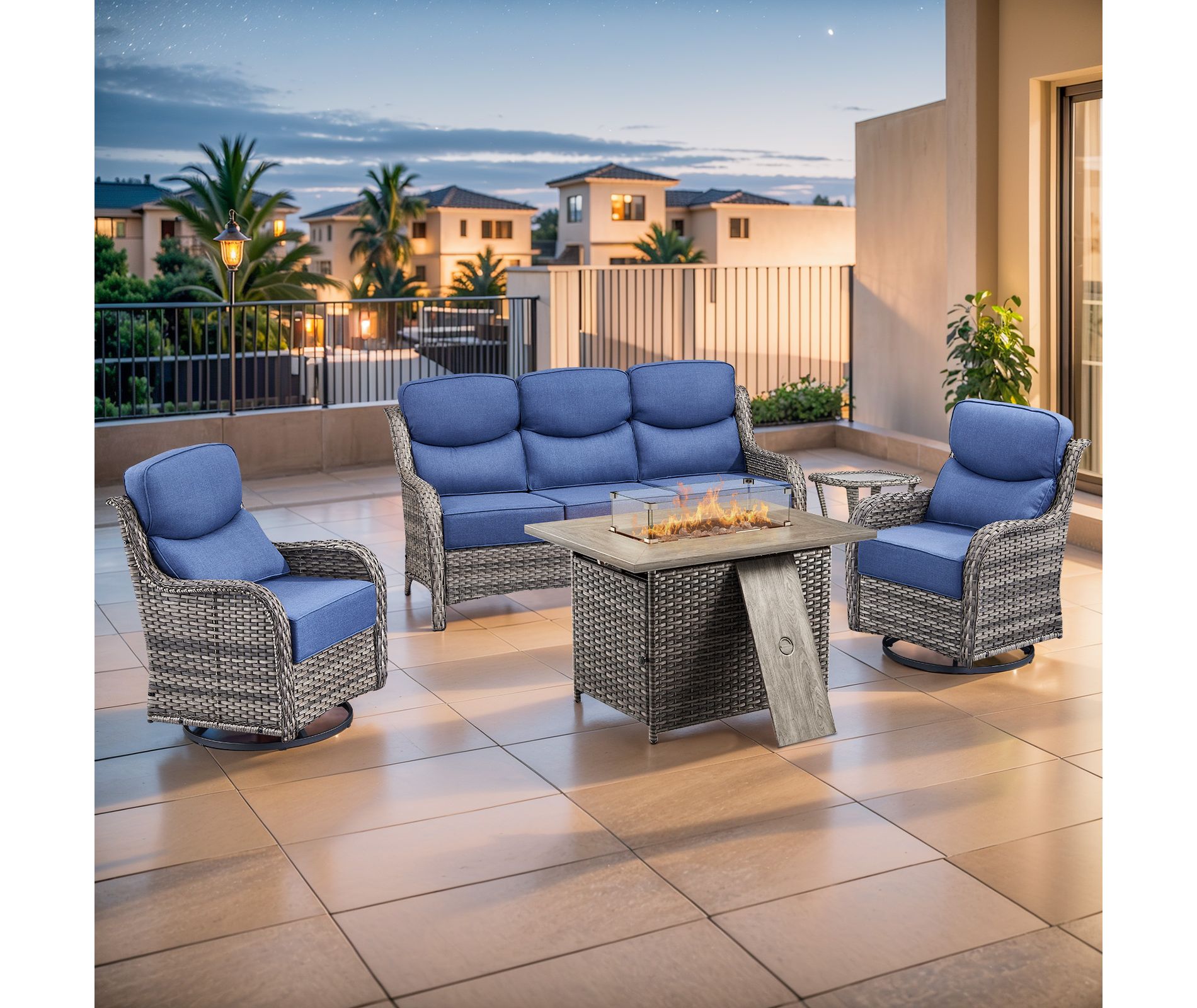 Gymojoy 5 Pieces Outdoor 6 Inch Sofa Swivel Chair with Fire Pit Table