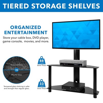 Black Adjustable TV Stand with Mount and Tempered Glass Shelves