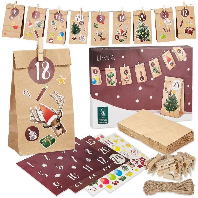 LIVAIA DIY Advent Calendar Kit: Beautiful Craft Advent Calendar 2022 with 24 Paper Bags and Sticker Paper with Designs, 1 of 4