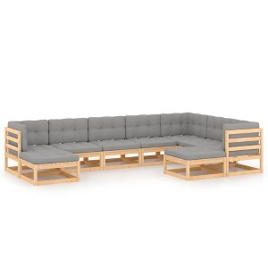 vidaXL 9 Piece Patio Lounge Set with Cushions Solid Wood Pine - Natural, Cushion Included - 1 of 4