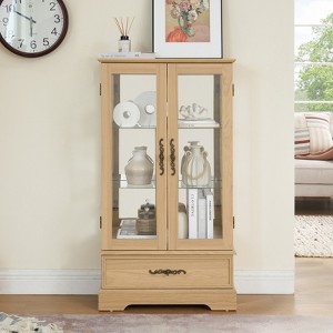 FONTOI Glass Cabinet Curio Display Cabinet with Adjustable Glass Shelves, 2 Doors and 1 drawer Cabinet for Living Room, Oak, 11.81"*47.44"*25.98" - 1 of 4