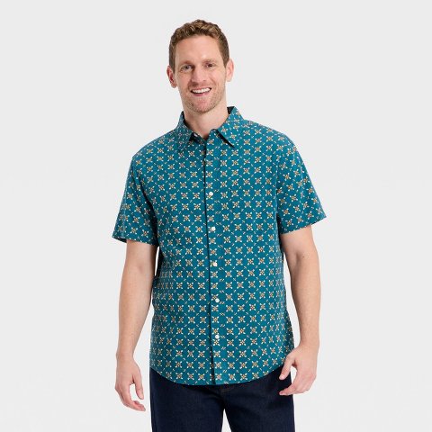 Мужские рубашки Goodfellow & Co Men's Short Sleeve Cotton Rayon Point Collar Button-Up Shirt - Goodfellow & Co™ Blue XL
